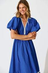 Cobalt Maxi Dress with White Trim - Cotton Summer Wear